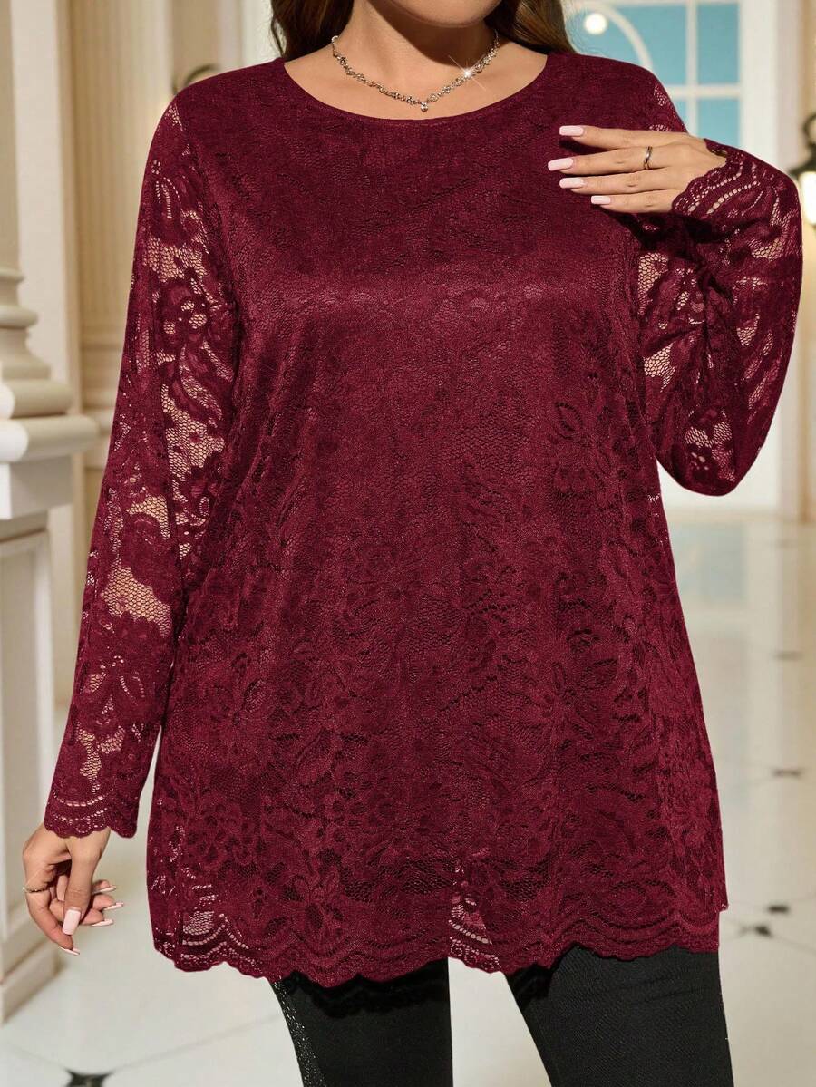 EMERY ROSE Áo thun dài tay ren thanh lịch dành cho nữ cỡ lớn - Màu Đỏ Sâu - Xem 1