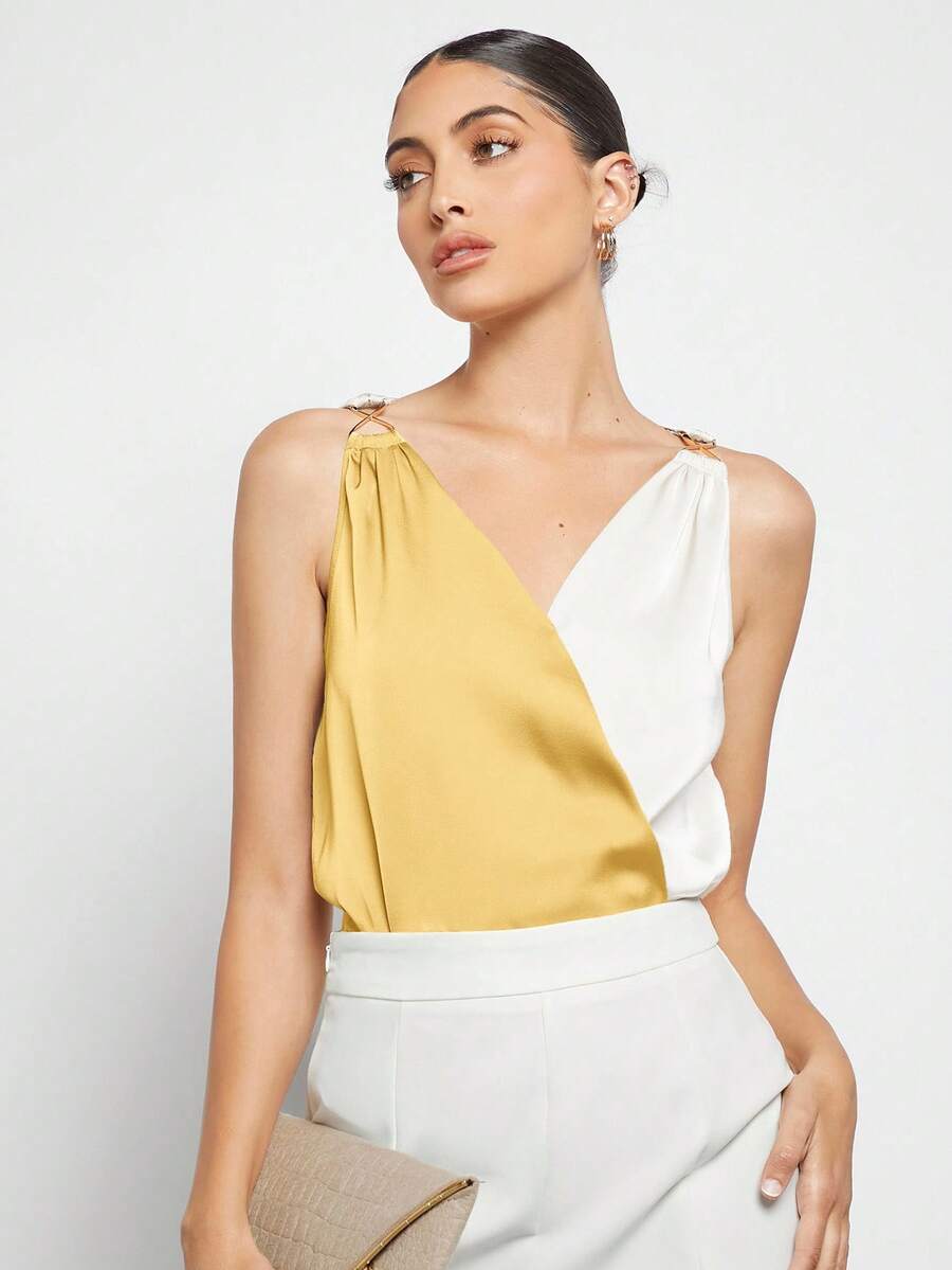 BizChic Áo kiểu phối màu bất đối xứng với chi tiết kim loại ở vai, đa năng cho mùa xuân/hè, phù hợp cho Lễ Phục Sinh, Ngày Thánh Patrick, đi làm, mặc hàng ngày, phong cách thường ngày, lãng mạn, retro thập niên 90, dự tiệc, đi biển, lễ tốt nghiệp, kỳ nghỉ, dự đám cưới, ăn trưa, ở sân bay. - Màu vàng - Xem 1