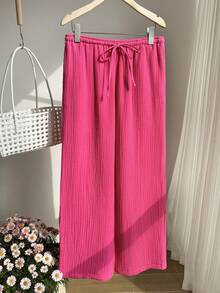 Comfortcana 女士休闲日常通勤度假简约纯色纹理面料抽绳腰阔腿裤 - 玫紅色 - 查看 4
