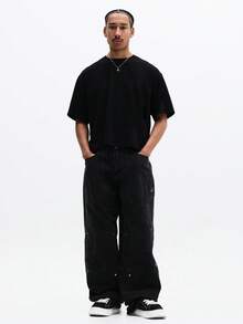 SUMWON 男士休闲宽松棉质圆领短袖印花T恤，夏季日常穿着 - 黑色 - 查看 3