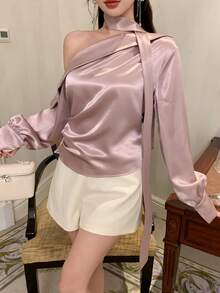 DAZY Camisa de mujer de manga larga con hombros descubiertos, diseño casual para oficina, viajes, bodas, primavera y verano - Rosa - Ver 2