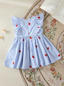 Cozy Pixies Baby Girl Strawberry Print Round Neck Short Sleeve Waist Dress,Cute Light Blue And White Summer Toddler Girls Fruit Picnic Vacation Spring Dresses - Blue - View 2
