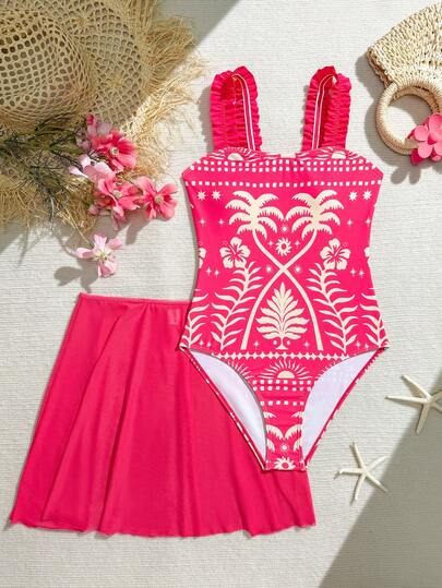 SHEIN TEEN+Girls Colorblock Print One-Piece Swimsuit Teen Girl Beach Dress Hawaii Photoshoot Dress For Teen Teen Swimsuit Dress Vacation Dress Teen Teen Girl Resort Wear Teengirl Beachwear Hot Pink One Piece Swimsuit Swimsuit For Tweens One Piece Beachwear For Tweens