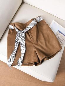CosyJoli Plus Size Brown Mini Shorts Casual Wide Leg Woven Fabric Textured Pattern Zipper Detail - Brown - View 4