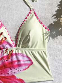 Swim Mod Women's Sweet Floral Print Camisole Bikini Top With Ruffle Trim, Spring/Summer - Multicolor - View 5