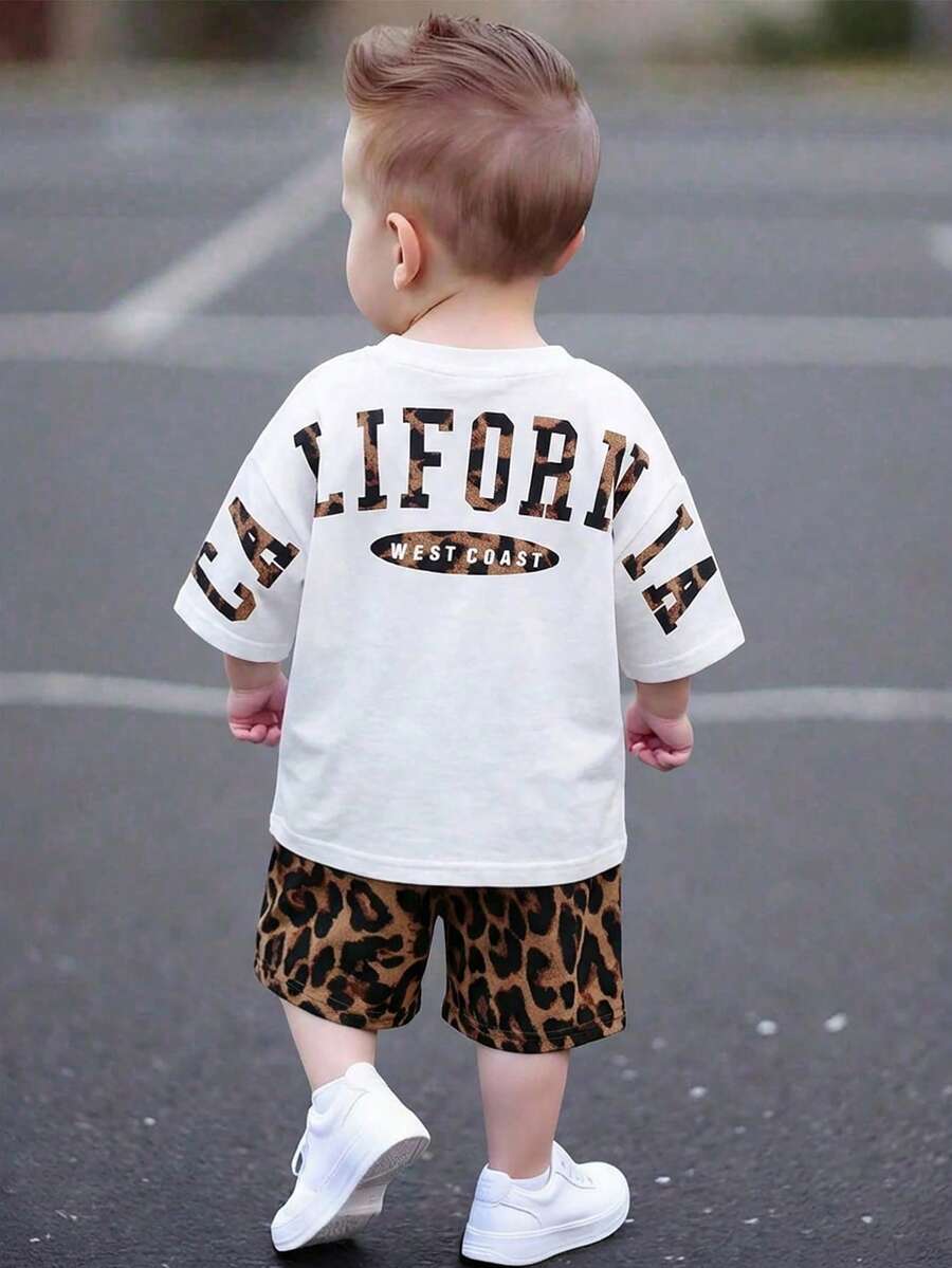 SHEIN 2pcs/Set Unisex Baby Leopard Print Black Short Sleeve T-Shirt Knit Top And Leopard Print Shorts Set, Spring/Summer Baby Boy Clothes, Outfits, Baby Boy Short Sleeve Top - Black - View 1