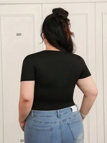 CovetEZ Bodyduit informal de verano negro con aplicaciones de strass en el cuello para tallas grandes - Negro - Ver 2