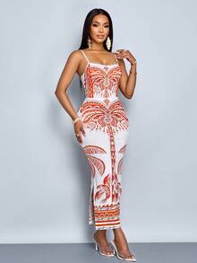 SOLERSUN 优雅性感通勤休闲度假长裙，花卉波西米亚复古风格女士修身紧身连衣裙 - 紅色 - 查看 5