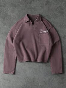 PAVTROS Men's Letter Print Long Sleeve Casual Pocket Loose Sweatshirt - Brown - View 1