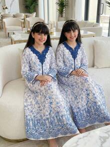 Tween Girl Floral Print Long Sleeve Loose Casual Dress - Blue - View 1