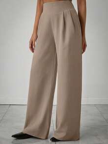 EURMUSE Pantalones anchos de mujer con detalles plisados de unicolor - Beis - Ver 6