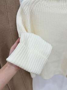 SHEIN PETITE 2pcs Women Knit Sweater Set, Apricot Color Ribbed Knit Pullover Sweater And Pants, Casual Minimalist Style