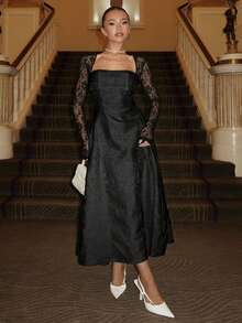 Glamine Charm 优雅蕾丝拼接3D立体压花方领长袖A字连衣裙，白色招待会礼服，白色蕾丝连衣裙，彩排晚宴礼服，薄纱花朵，甜美风格，缎面毕业礼服，浪漫连衣裙，派对造型，高贵优雅，白色优雅，时尚秋季，白色3D，派对必备白色短裙，白色夜店连衣裙，白色派对连衣裙，秋季女士面料，优雅高贵 - 黑色 - 查看 5