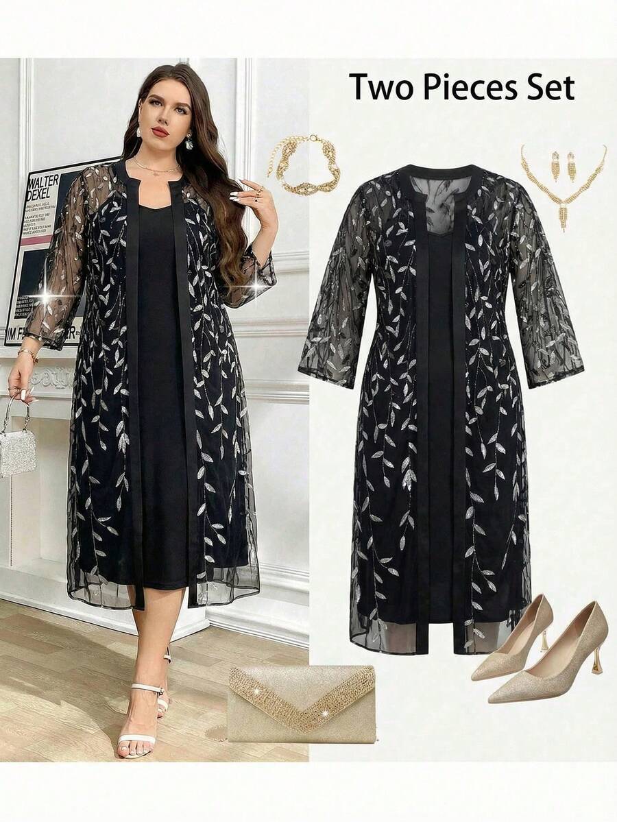 Ellevyn Bộ đồ 2 mảnh thanh lịch dành cho nữ cỡ lớn, gồm áo choàng và áo hai dây bằng vải lưới thêu hoa. - Đen và trắng - Xem 1
