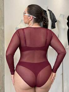 GalTyme Mono de manga larga transparente de malla para mujer de talla grande, blusas para salir, atuendos de rave y festivales, ropa de primavera y verano - Burdeos - Ver 2