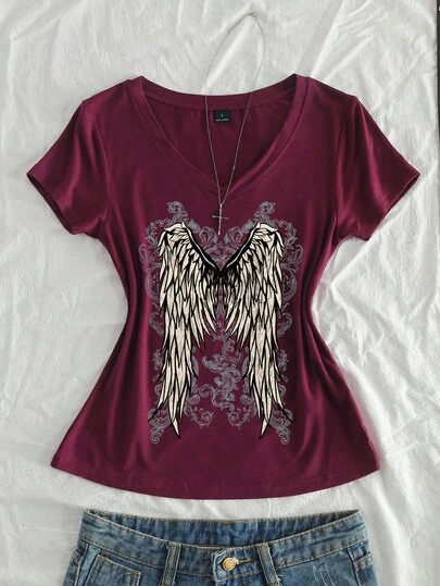 SHEIN HypeZone Women's Summer V-Neck Tight T-Shirt, Angel Wings Vintage Pattern Punk Subculture Anime Print T-Shirt, Burgundy Short Sleeve V-Neck