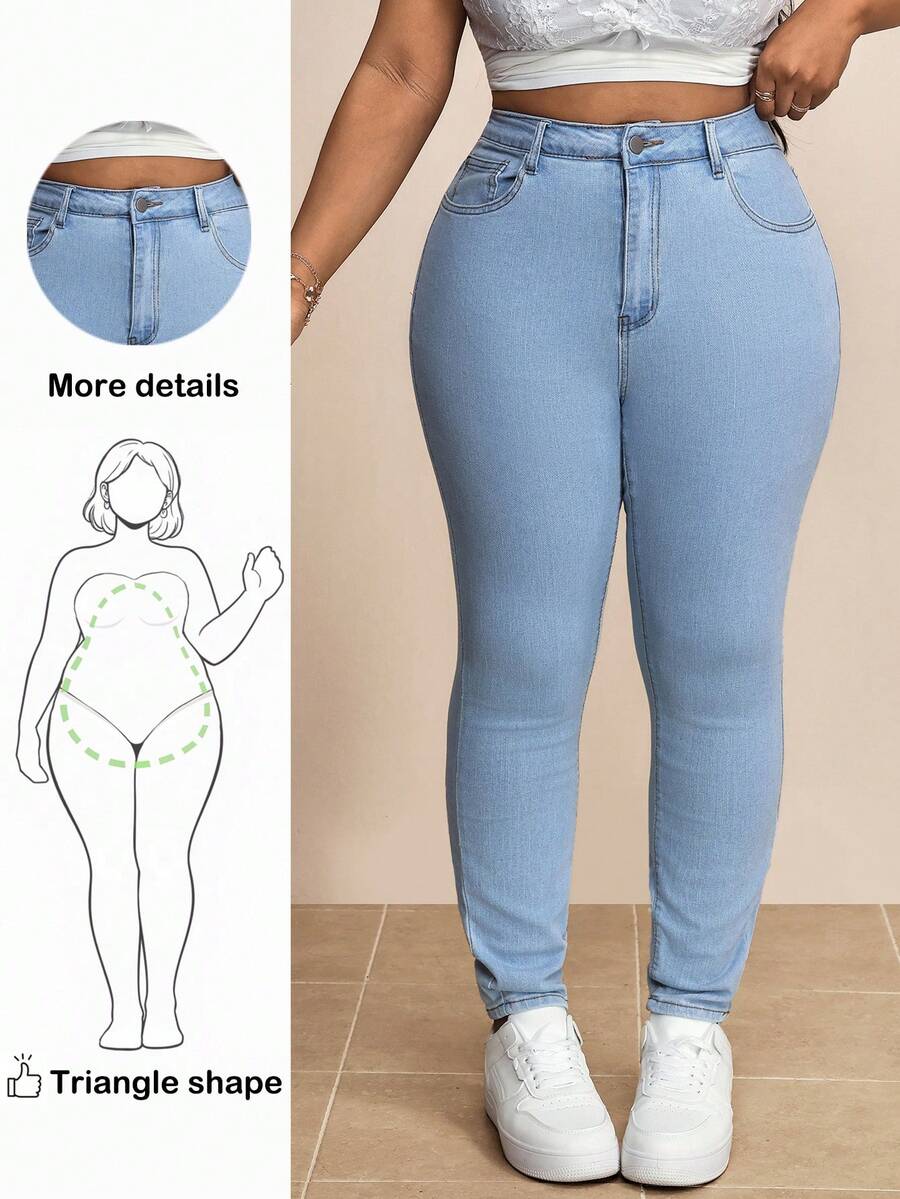 Truni Plus Size Women's Slim Fit Jeans, For Pear Triangle Body Shape - Light Wash - View 1