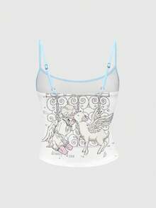 ROMWE Kawaii Women's Casual Cute Funny Korean Style Sheep, Angel, Music Note, Dolphin Print Contrast Binding Camisole Tank Top, Summer - Blue - View 2