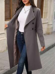 EMERY ROSE Women's Front Button Notched Collar Long Sleeve Maxi Overcoat, Fashionable & Versatile - Dark Grey - View 10