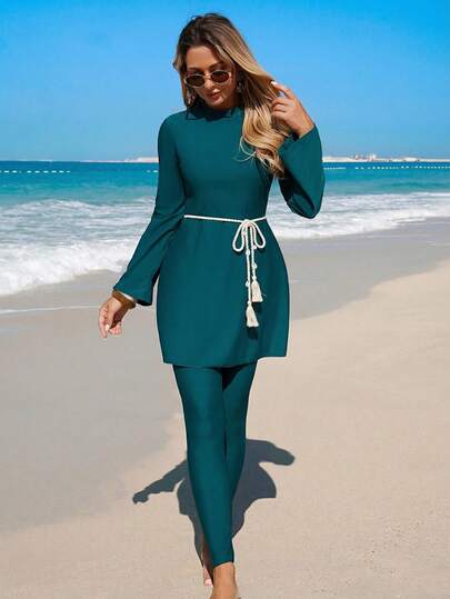 Swim Mulvari New Olive Green Shell Decor Waist Belt, Mature Fashion Beach Resort Women Burkini Swimsuit