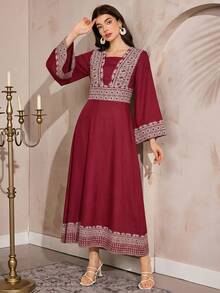 Al Najma Women's Square Neck Flare Sleeve Vintage Turkish Maxi Dress, Arabic Traditional Long Robe - Burgundy - View 5