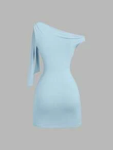 Sweetra 女士斜肩荷叶边性感紧身连衣裙，收腰设计，法式时尚迷你裙 - 中等水洗藍 - 查看 2