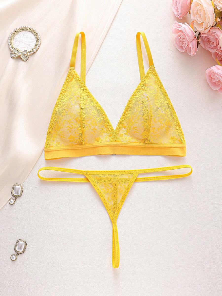 SHEIN 超薄蕾丝女士内衣套装，无钢圈，无衬垫 - 黃色 - 查看 1