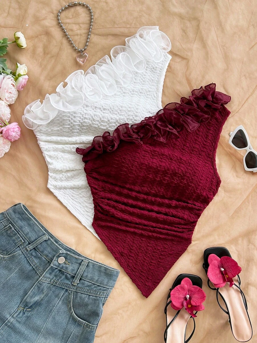 Soleia 女士优雅不对称下摆单肩上衣，夏季 - 彩色 - 查看 1