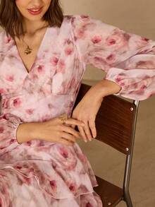 Enchnt 深V领收腰多层下摆长袖连衣裙 - 粉色 - 查看 2