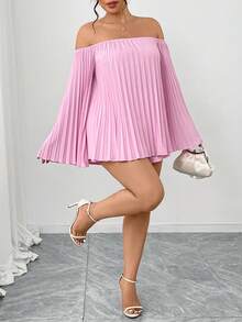 Elenzga 两件套加大码女式3D褶皱露肩喇叭袖A字衬衫，粉色浪漫情人节春夏约会、女友聚会、休闲家居服，性感 - 粉色 - 查看 1