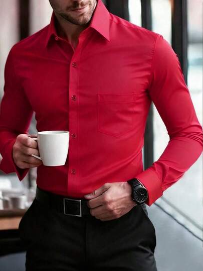 Manfinity Mode Men's Turn-Down Collar Single-Breasted Casual Versatile Office Commute Long Sleeve Shirt
