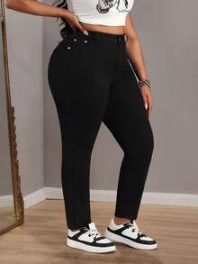 Slaydiva Jeans casuales de talla grande de unicolor con bolsillo en ángulo y silueta ajustada - Negro - Ver 5