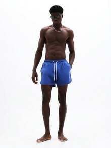 SUMWON Men Beach Swimming Shorts With Curved Hem And Palm Tree Logo Detail Summer Vacation Swim Trunks - Blue - View 6