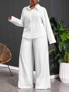 SHEIN CURVE+ Curve 尺码 US22 音乐节、海滨度假、波西米亚风 2026 春夏新款优雅通勤/度假休闲/日常户外 纯白色宽松长袖常规衬衫上衣和宽松阔腿超长裤 女装两件套 - 白色 - 查看 5