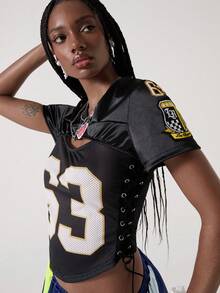 ROMWE Avant 女士街头风运动针织露脐镂空T恤 - 黑色 - 查看 3