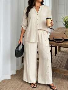 Linhara Bộ đồ 2 món cỡ lớn, kiểu dáng thường ngày, phối ren, thích hợp cho kỳ nghỉ, gồm áo và quần. - Màu Khaki - Xem 5