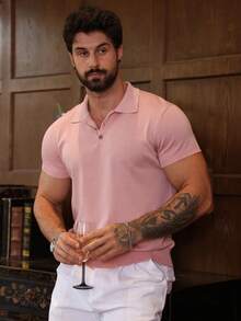 DAZY 男士纯粉色针织套头衫，适合通勤和夏季穿着 - 粉色 - 查看 5