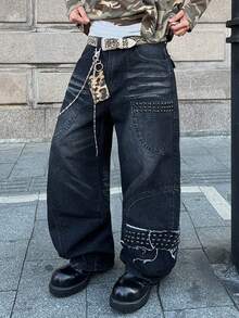 Manfinity EMRG 做旧猫须串珠磨边设计宽松直筒阔腿牛仔裤 - 黑色 - 查看 3