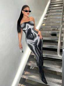 SHEIN SXY Polka Dot Print Fitted Sexy Mid-Length Dress,Carnival,Party,Rave Outfit ,Summer, Spring,Going Out,Y2K, Going Out - Black and White - View 6