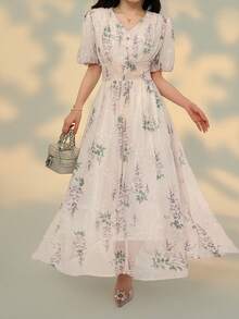 DAZY 女士优雅花卉刺绣V领泡泡袖中长连衣裙，春夏婚礼宾客礼服/吊带裙 - 淺粉色 - 查看 6