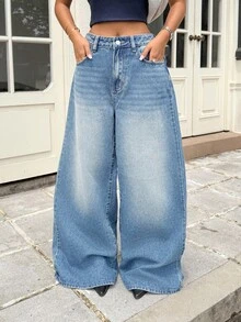 SHEIN Girls' Loose Fit Blue Denim Pants With Bow Design At Back Waist - Medium Wash - View 5