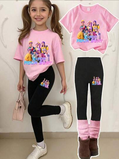 1 set med kortärmad t-shirt och leggings för mellanflickor, avslappnad och bekväm, trendig 3D-tecknad anime K-POP-tjejkaraktär, lämplig för utomhusbruk på vår/sommar