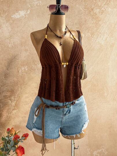 Soleia New Spring/Summer Vacation Halter Neck Patchwork Shell Bead Backless A-Line Knit Camisole, Suitable For Beach, Music Festival