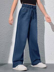 SHEIN Explorewe 青少年女孩时尚简约阔腿牛仔裤 - 深色水洗藍 - 查看 4