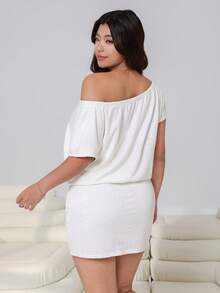 Solflare Vestido casual de manga corta, versátil, de unicolor y cuello asimétrico, talla grande - Blanco - Ver 2