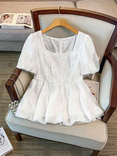 GlowEve CURVE Plus Size Women Square Collar Puff Sleeve Elegant Casual Blouse, Suitable For Outings And Vacations, Spring/Summer