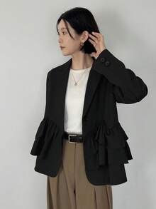 FRIFUL 女士纯色腰部拼接荷叶边宽松休闲百搭西装外套 - 黑色 - 查看 10