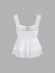 SHEIN Sweetro Áo hai dây không tay màu trắng lãng mạn dành cho nữ, viền ren xếp nếp, eo ôm sát, vạt áo bất đối xứng, thích hợp cho mùa xuân/hè. - trắng - Xem 2