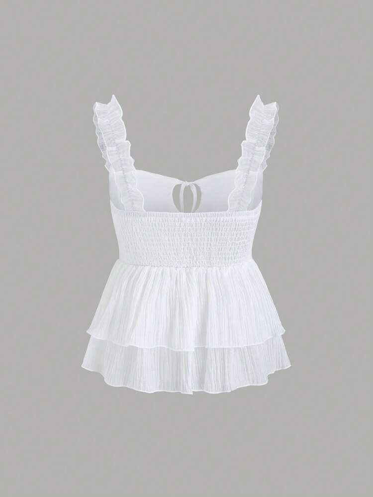 SHEIN Sweetro Áo hai dây không tay màu trắng lãng mạn dành cho nữ, viền ren xếp nếp, eo ôm sát, vạt áo bất đối xứng, thích hợp cho mùa xuân/hè. - trắng - Xem 2