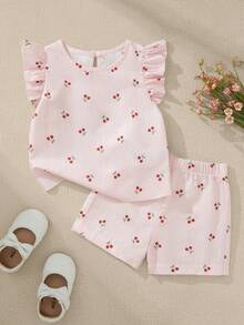 Souflis Souflis 2件套女婴0-3岁休闲甜美可爱樱桃图案日常外出短袖T恤短裤套装，春夏款 - 淺粉色 - 查看 2